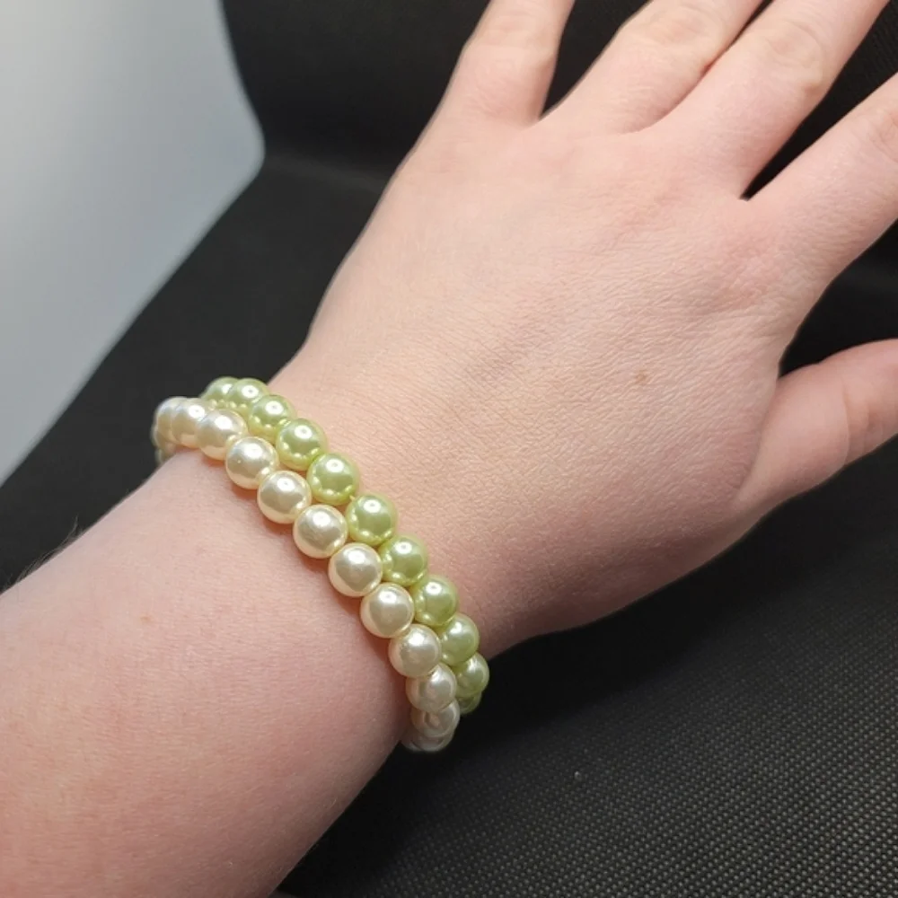 Faux Pearl Bracelets Cream and Green Pearlescent Beads Stretch